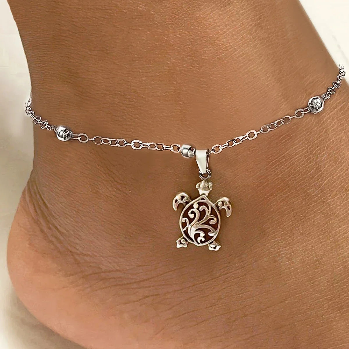 Boho Turtle Anklet with Round Waterproof Beads