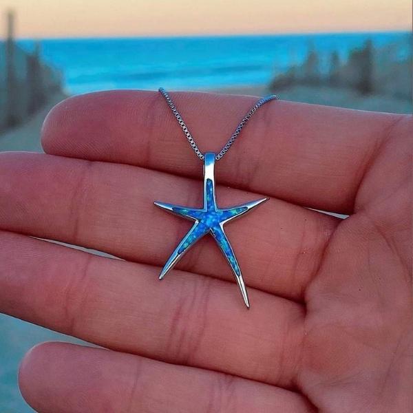 Opal Blue Starfish Choker in Silver