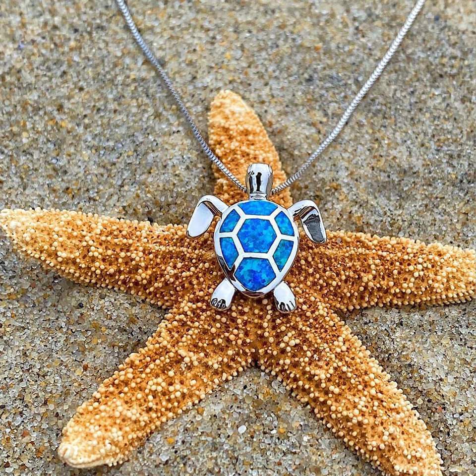 Necklace and Earrings Set with Opal and Silver Sea Turtle Pendant