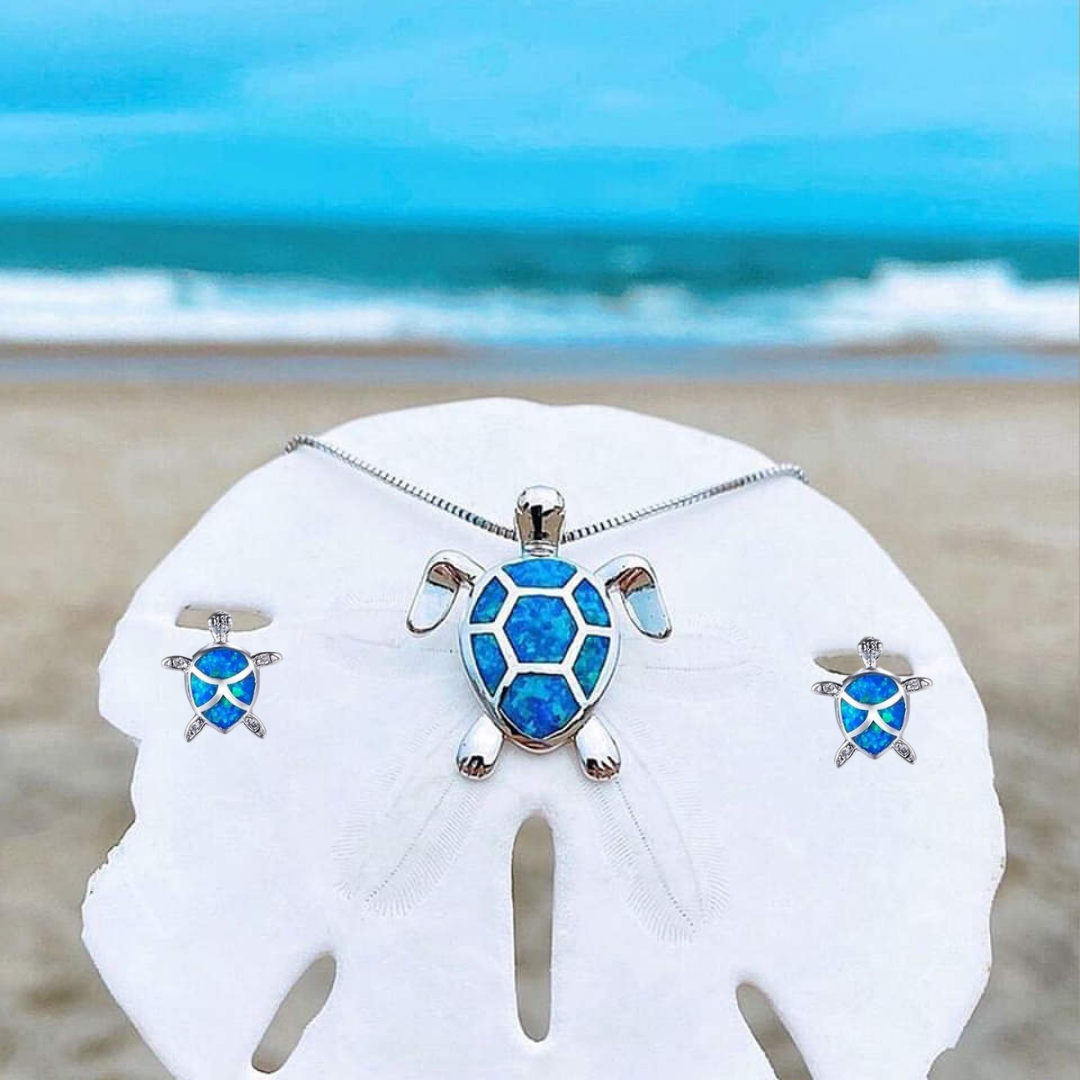 Necklace and Earrings Set with Opal and Silver Sea Turtle Pendant