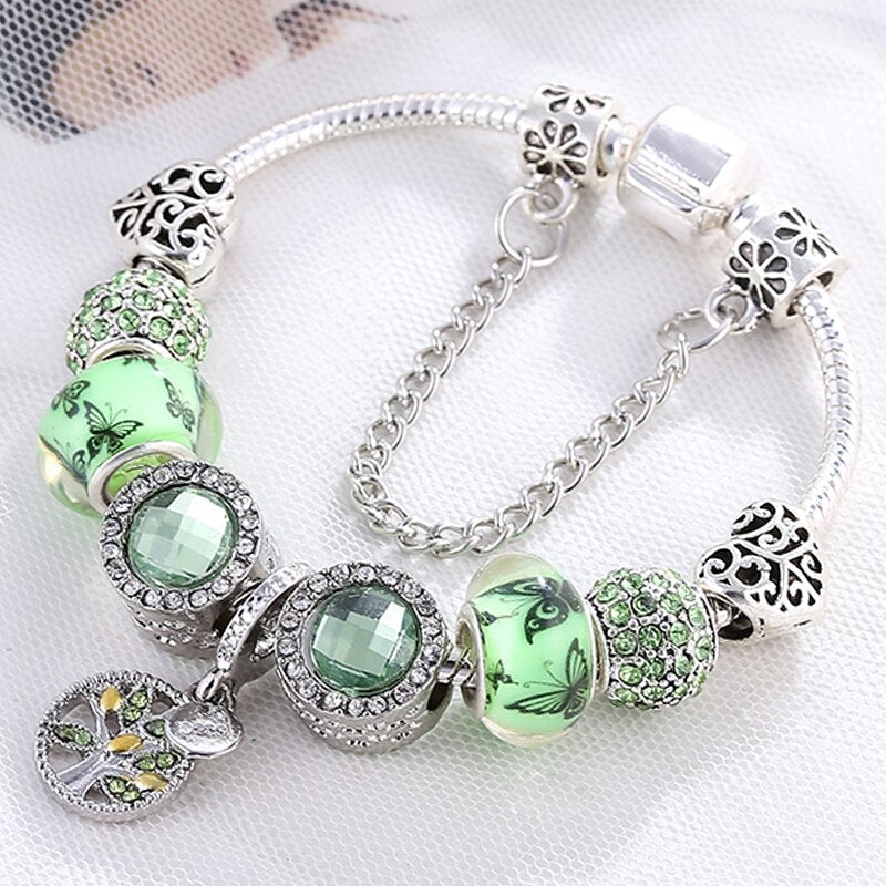 Silver Bracelet with Green Crystal