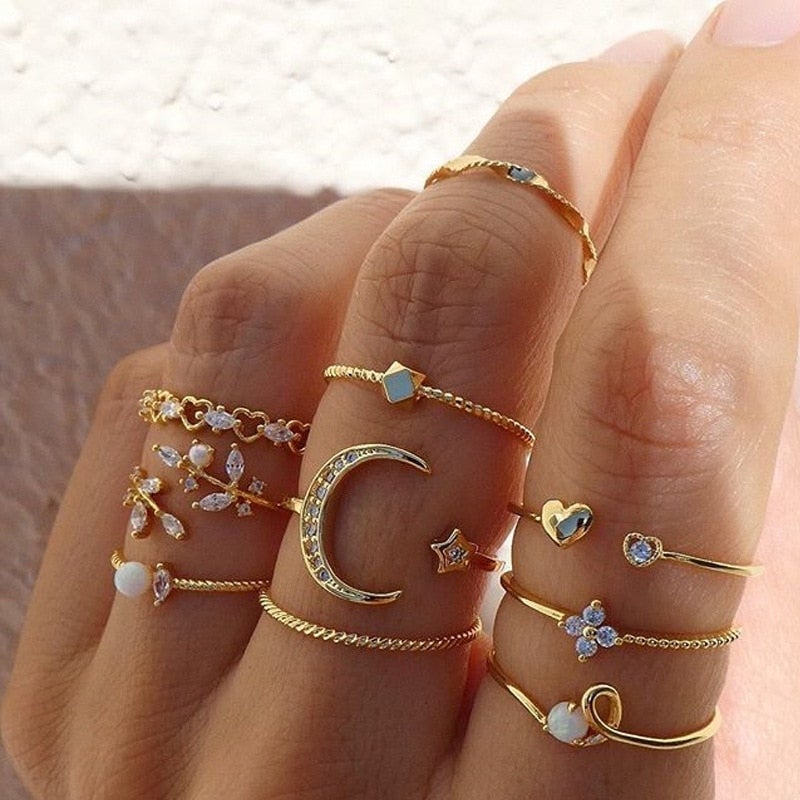 Boho 10-Piece Ring Set in Gold-Plated Silver