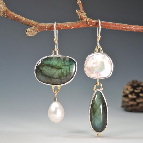 Vintage Earrings with Natural Stones in Silver