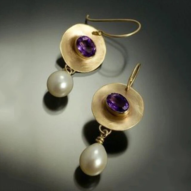 Purple and Gold Vintage Earrings with Pearls