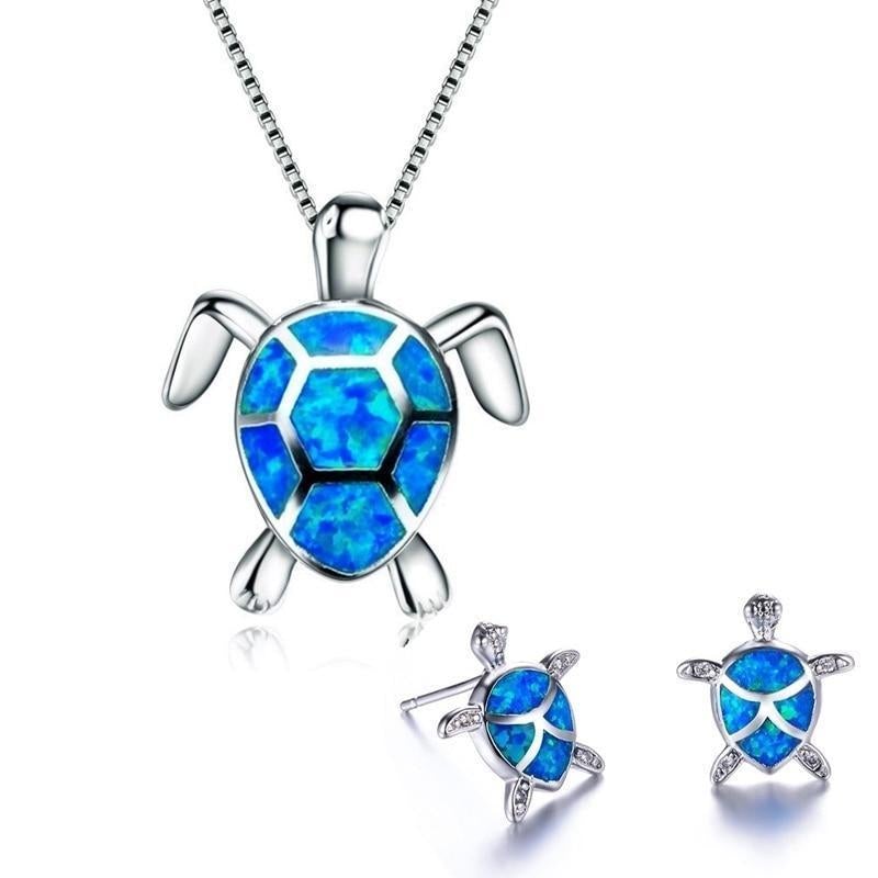 Necklace and Earrings Set with Opal and Silver Sea Turtle Pendant