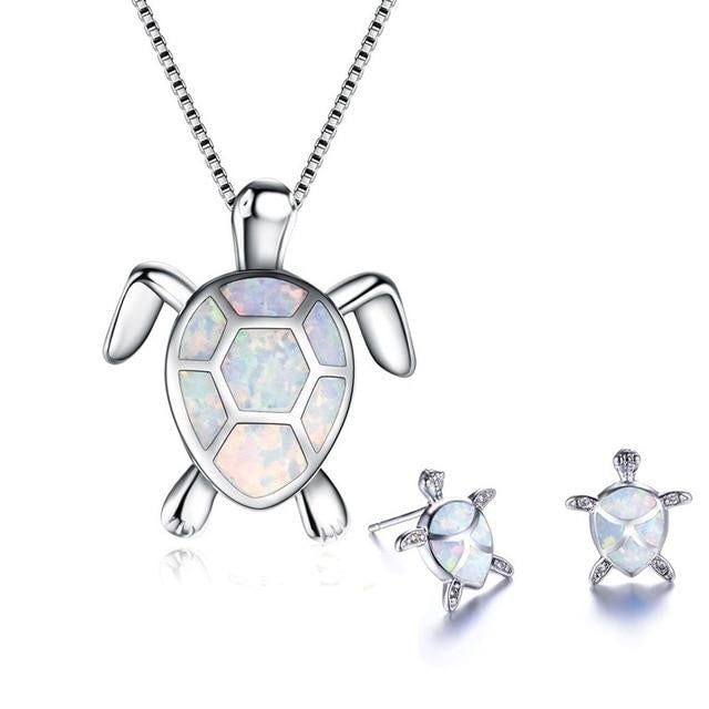 Necklace and Earrings Set with Opal and Silver Sea Turtle Pendant