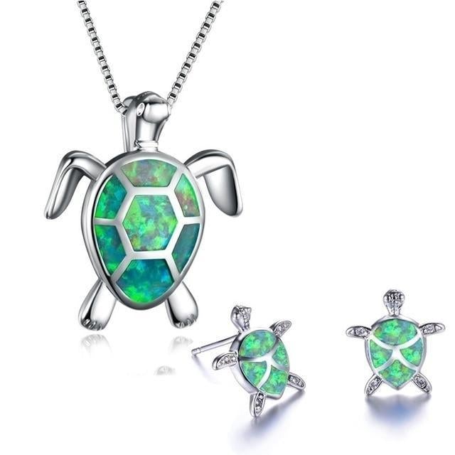 Necklace and Earrings Set with Opal and Silver Sea Turtle Pendant