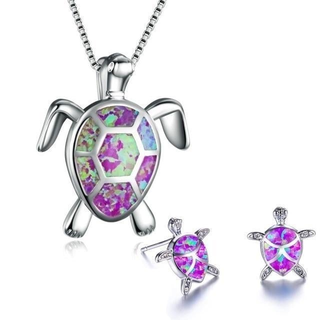 Necklace and Earrings Set with Opal and Silver Sea Turtle Pendant