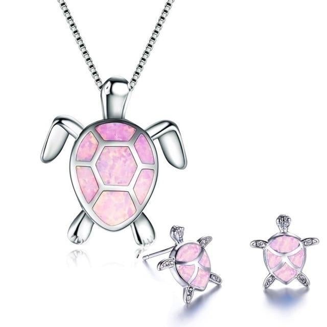 Necklace and Earrings Set with Opal and Silver Sea Turtle Pendant