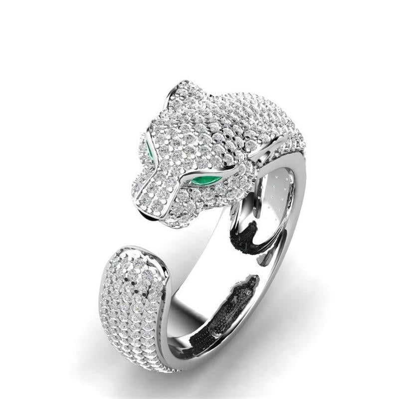 Adjustable Jaguar Ring in Silver and 18K Rose Gold with Green Cubic Zirconia Eyes