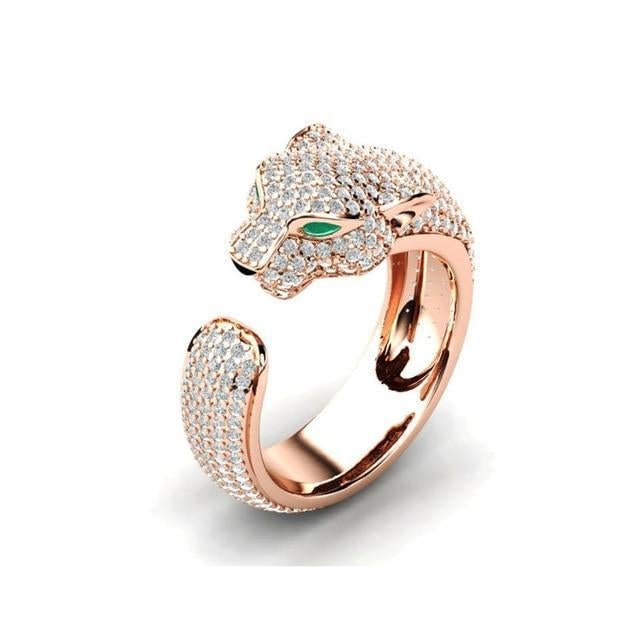 Adjustable Jaguar Ring in Silver and 18K Rose Gold with Green Cubic Zirconia Eyes